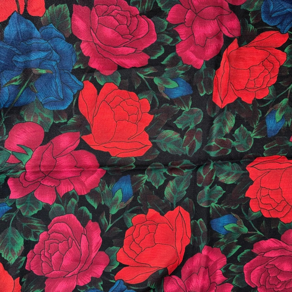 Vintage Italian Floral Paisley Square Scarf Black Red Blue Herringbone 44X23